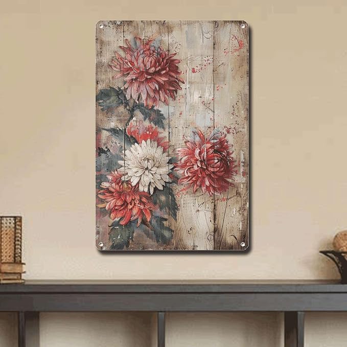 Metal Sign Tin Sign Vintage Wall Art Rustic Chrysanthemums Tin Sign for Distressed Wood Surfaces Vintage Aesthetics and Corrosion Resi Bar Signs for Home Decor for Room 8×12 Inches