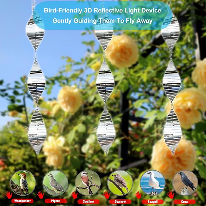 9 Pack 3D Helix Reflective Stainless Steel Bird Scare Discs with 360° Swivel Hooks, Bird Repellent for Pigeons Woodpeckers Crows Yard Farm Orchard