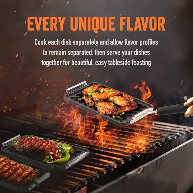 Yukon Glory Cast Iron Tray Set | 3 Grooved Cast Iron Pans & Clip-On Handle | Pre-Seasoned | Commercial-Grade | Grill to Table | Gas, Charcoal & Campfire