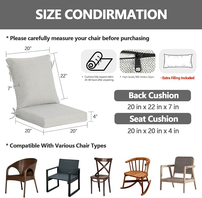 Goodgoods 20 x 42 Outdoor Patio Chair Cushion 2-Pack, 1000+Hours Fade-Resistant & Water-Resistant Furniture Chair Cushions with 35D High-Resilience Foam for Dining Chairs, Couch, Sofa, Light Gray