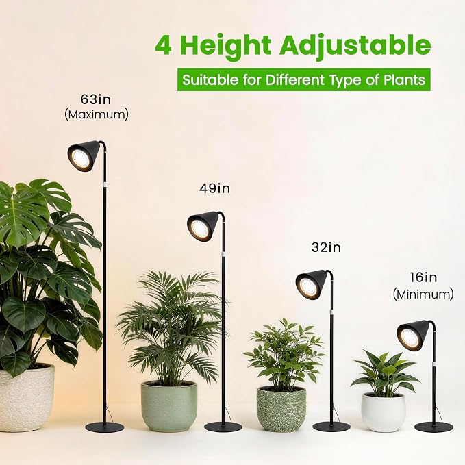 Grow Lights Indoor Plants, 20W Full Spectrum, 63in Adjustable Height Stand | 4/8/12/16H Auto Cycle Timer, 10 Levels Dimmable Remote Control Standing Grow Floor Lamp for Small, Medium to Tall Plants