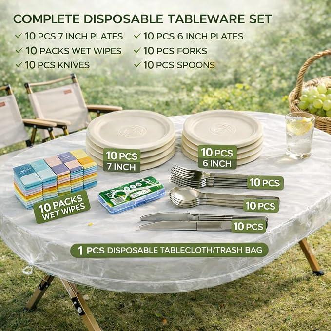 70PCS Disposable Picnic Kit for 10 – Lightweight Outdoor Dinnerware Set with Plates, Plastic Cutlery, Wet Wipes & Drawstring Table Cover, Portable Picnic Supplies for Park, Beach & Camping (10)