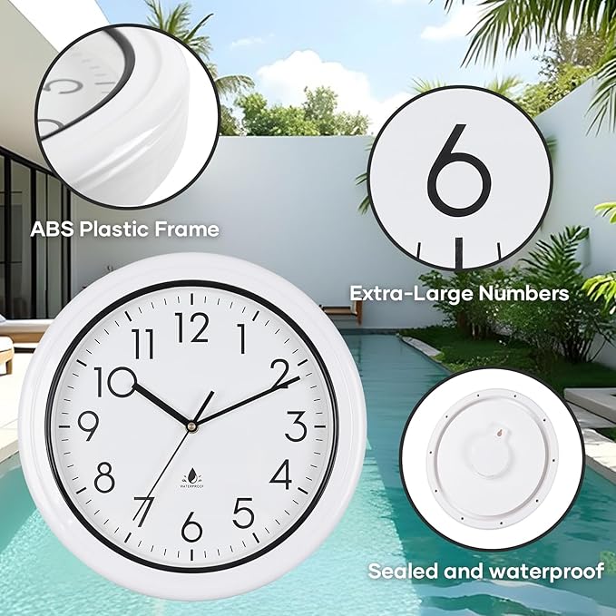 13 Inch Sealed Waterproof Outdoor Clock Non-Ticking Weatherproof Outdoor Wall Clocks Battery Operated Clock for Pool, Patio, Garden, Porch