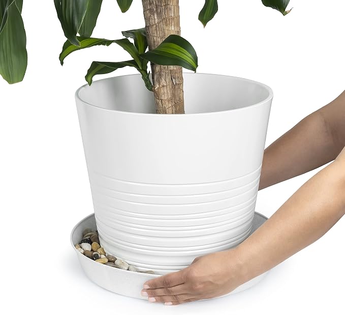 Pack of 2 Plant Saucers, 21 Inch, White Granite | Polypropylene, Heavy Duty Indoor/Outdoor, Drip Pan & Tray, Collects Excess Water, Made in USA