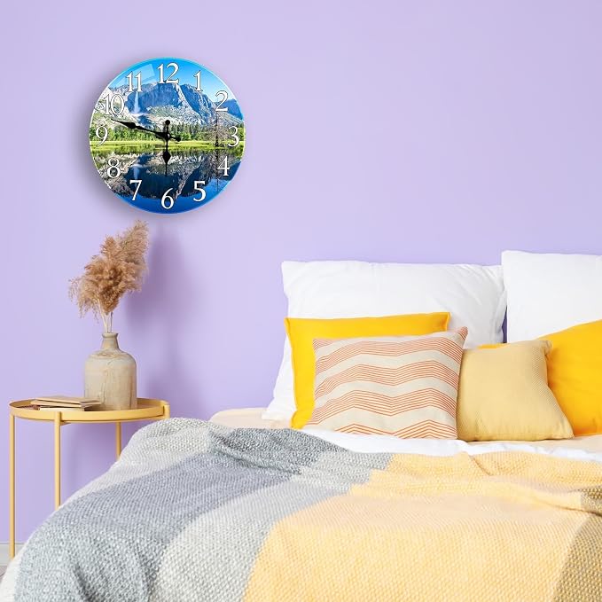 Britimes Round Wall Clock Silent Non-Ticking Battery Operated Outdoor Waterproof Glass Clock 12 Inch, Landscape Natural Scenery Home Decor for Living Room, Kitchen, Bathroom, Bedroom, and Office