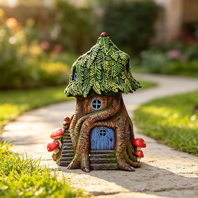 COWOS Solar Light Fairy Tree House, Fairy Garden House Statues, Tree House Figurines with Solar Light for Indoor Outdoor Art Decorations, Patio Yard Lawn Ornaments Gift