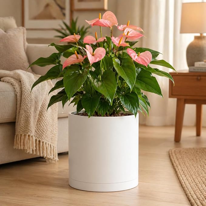 Giraffe Creation 14 Inch Cylinder Plant Pot, Modern Round Planter with Drainage Holes and Saucer, Durable Plastic Flower Pot for Indoor Outdoor Plants, White