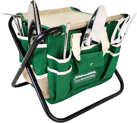 GardenHOME 7-Piece Gardening Tool Set with Folding Stool and Storage Tote Bag, Stainless Steel Garden Tools with Wooden Handles, Garden Kit for Planting, Weeding, Pruning, Yard Work, Gardening Gifts