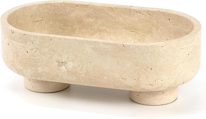 LIN CHUAN Natural Oval Travertine Stone Fruit Bowl for Kitchen Counter | Two-Legged Decorative Pedestal Bowl for Dining Table Decor, 10" Luxury Entryway Catchall Purse Bowl - Travertine
