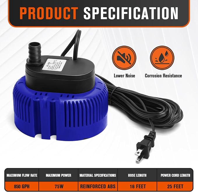 Sump Pump,Pool Cover Pump above Ground | For Swimming Pool Basement Garden Pond Tubs Draining,75W,Max Flow:850GPH,3 Adapters,25 Ft Power Cord (Blue)