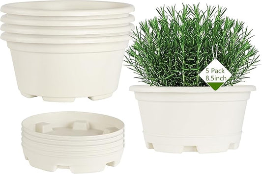 KPUVX 5 Pack 8.5 inch Plant Pot,Outdoor Flower Pots,Plastic pots for Plants Indoor with Drainage Holes and Trays, Decorative Garden Containers Sets for Houseplants