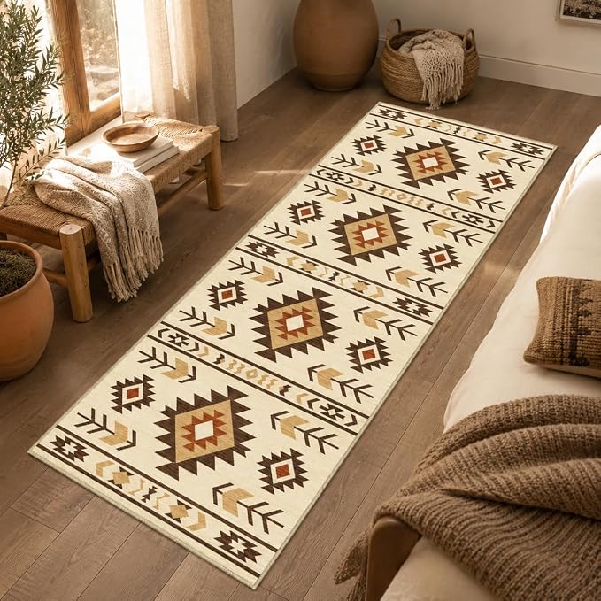 Western Runner Rug 2x6 for Hallway Kitchen Bedroom, Southwestern Aztec Tribal Runner Rugs Southwest Navajo Machine Washable Rug Non-Slip Printed Low-Pile Floor Carpet Mat for Living Room, Camel