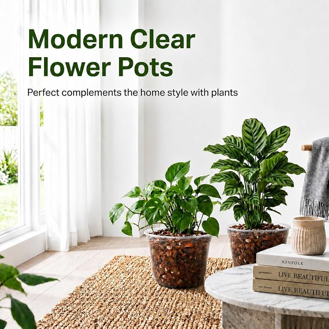 2 Gallon Clear Nursery Pots 15 Pack, 8 Inch Large Plastic Plant Pots with Drainage Holes, Transparent Planters for Root Monitoring, Seedlings, Vegetables, Flower, Indoor Outdoor