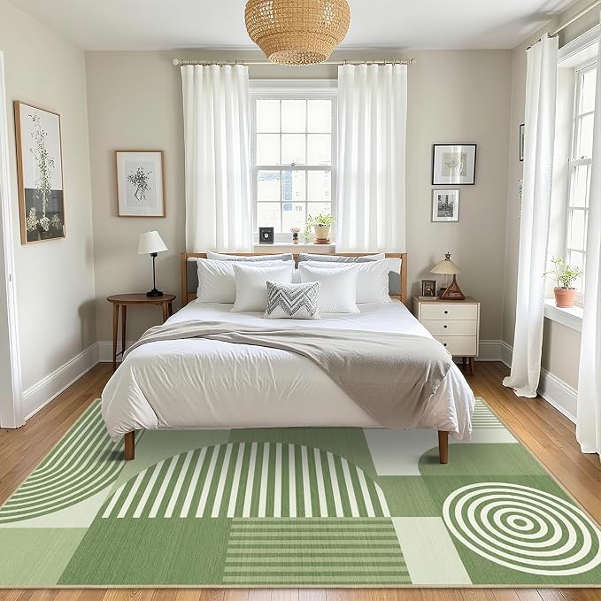 Area Rug 6x9 Living Room Green Geometric Rug Machine Washable Minimalist Line Mid Century Modern Area Rugs Non Slip Low Pile Large Dining Room Indoor Floor Carpet for Bedroom Office,Green