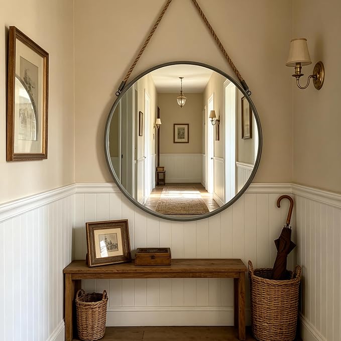 POZINO 30 Inch Large Round Hanging Mirror with Grey Metal Frame | Circle HD Mirror with Jute Rope, Anti-Rust, Farmhouse Decorative Wall Mirror for Entryway, Living Room, Fireplace, Bathroom