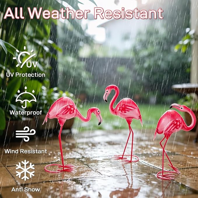 3Pcs Pink Flamingo Yard Decor 15" Metal Yard Art Outdoor Sculptures | Garden Statues for Outside Lawn Ornament Home Patio Backyard Décor Porch Pool Deck Decorations Set Of 3 Tropical Present