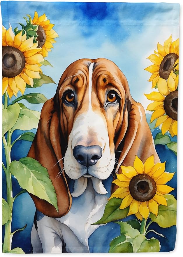 Caroline's Treasures DAC6017GF Basset Hound in Sunflowers Garden Flag Mailbox Flag Decorative Yard Flag Banner Outside Patio Artwork Yard Flower Beds, Garden Size, Multicolor