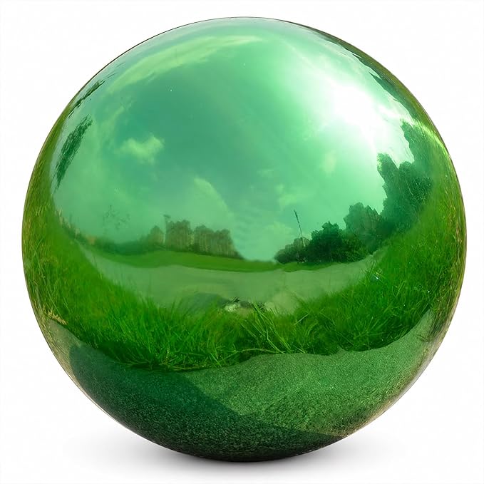 Gazing Ball Garden Mirror Outdoor - 10 Inch Outside Decorative Globe, Green | Metal Polished Reflective Sphere, Stainless Steel Hollow Decoration Ornament for Home Pond Swimming Pool Housewarming Gift