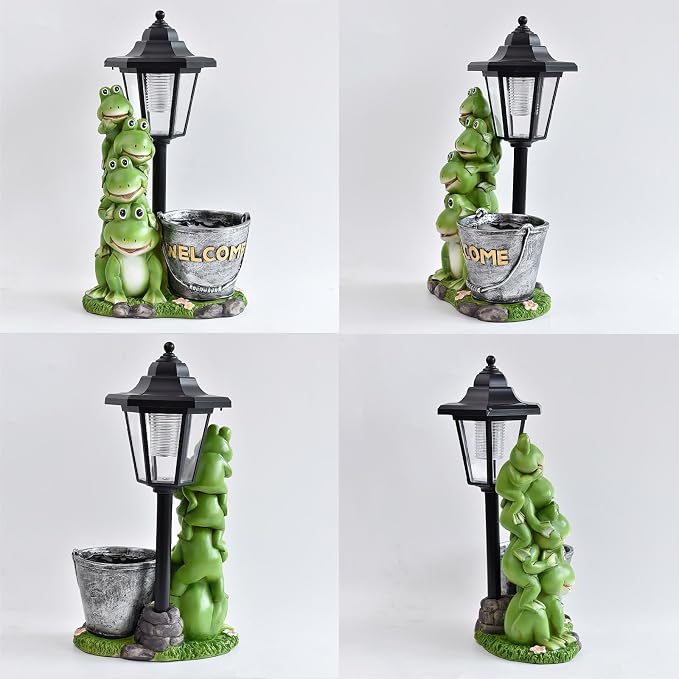 Solar Frog Statue for Outdoor, 13.4 Inch Outside Frog Family Ornaments with Lantern and Flowerpot for Garden Decor, Balcony, Patio, Yard, Lawn -Birthday Gifts for Women Grandparents