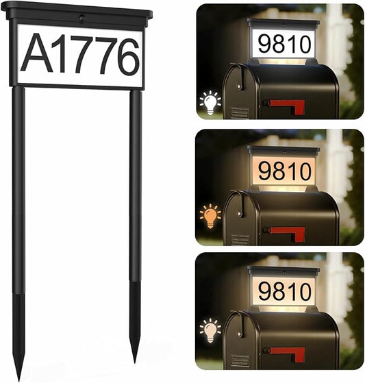LumiZen New Upgraded Solar Address Sign,Double Sided Glow House Numbers with Auto On/Off, 3-Color Lighting Modes Mailbox Number Plaque Waterproof, Dual Stakes for Home Yard Driveway