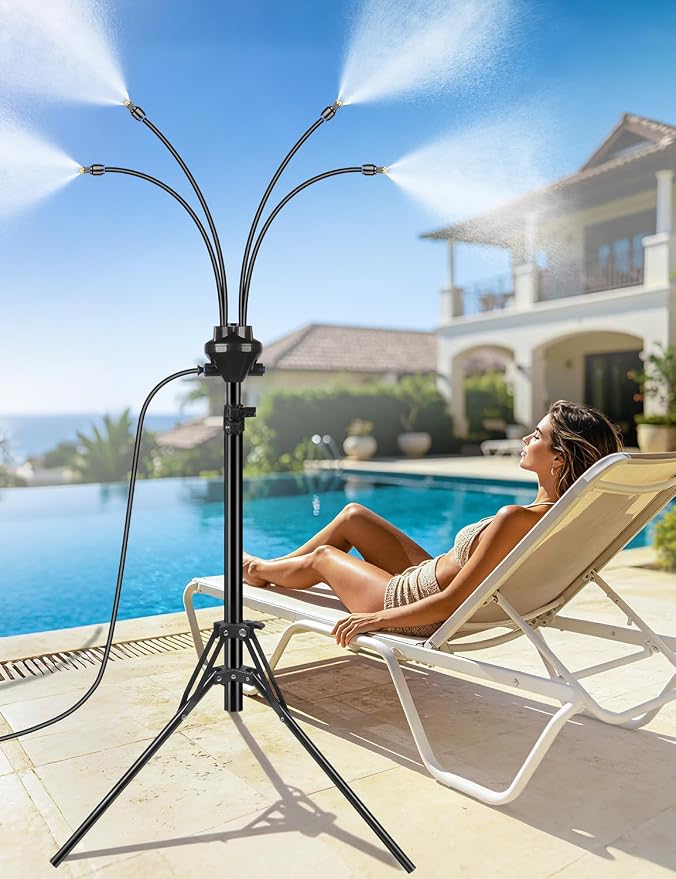 Standing Misters for Outside Patio, Adjustable Height 5.25FT Misting System for Cooling Outdoor, Portable Water Mister with 26.5FT Misting Line for Garden, Backyard,BBQ Party Pool Water Playing