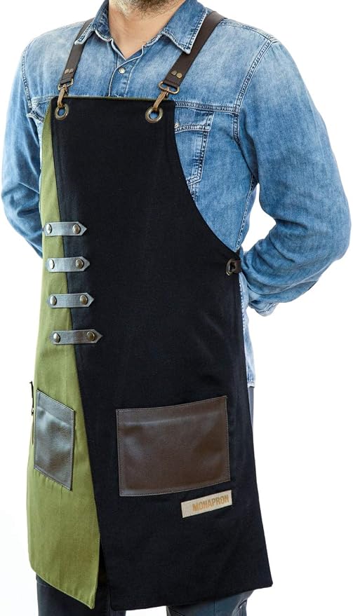 MONAPRON Apron for Women and Men Waterproof Canvas Extra Pocket for Chef Barista Gardening BBQ Grilling Crossback Unisex