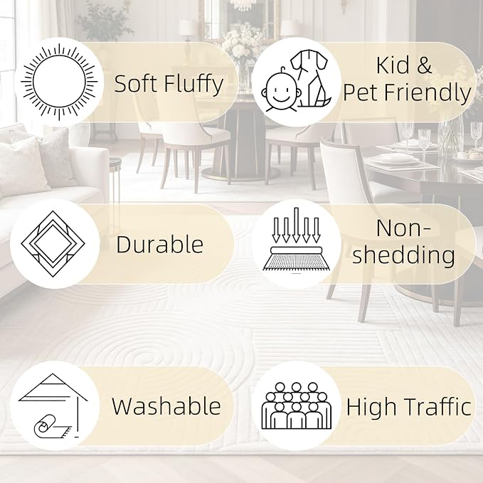 Beige Geometric 8x10 Solid Area Rug, Washable Living Room Rug | Ultra Soft Boho Pattern Minimalist Non-Slip Carpet, 8'x10' Rugs for Bedroom, Kids Room, Nursery, Apartment, Home Office