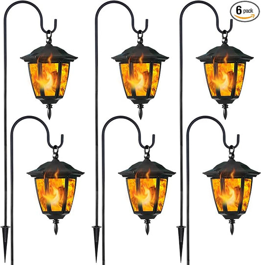 Dynaming 6 Pack Solar Flame Hanging Lights Outdoor, Halloween Solar Flickering Flame LED Garden Lanterns with 6 x 38 Inch Shepherd Hooks, Christmas Lighting for Lawn Patio Yard Pathway Driveway