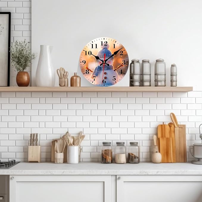 Wall Clock, Cute Christmas Winter Snowman Silent Non Ticking Battery Operated Round Decorative Indoor Outdoor Clocks for Living Room Kitchen Bedroom Bathroom Patio 12"
