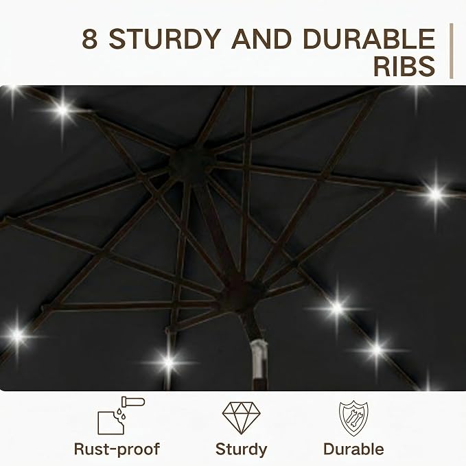 Kingdura 9FT Outdoor Patio Umbrella with Solar Lights, Market Table Umbrella with Push Button Tilt & Crank, 8 Sturdy Ribs, 32 LED Lights, UV Protection for Garden Lawn Deck Backyard Pool (Black)