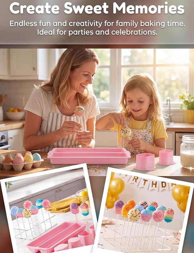 WDAHDHP Cake Pop Mold Kit, Including Circle Cake Pop Cutter, 9 Inch DoubleTray, Cake Pop Stand, Lollipop Sticks, Clear Treat Bags and Gold Twist Ties for Home Desserts Baking Accessories, Pink