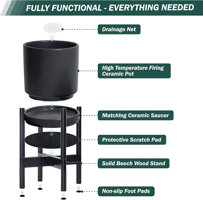 D'vine Dev Ceramic Planter with Ebony Stand - 8 Inch Modern Round Flower Pot with Wood Planter Holder, Black, 55-B-M-2