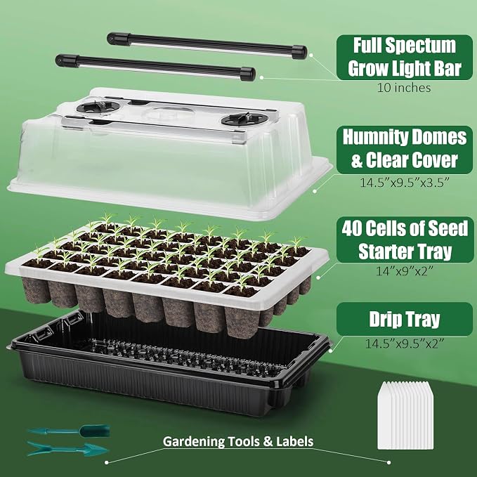 Seed Starter Tray Kit with Grow Lights, 2 Pack 80 Cells Seed Trays with Humidity Dome, Mini Greenhouse for Seeds Growing Starting Sprouting Germination