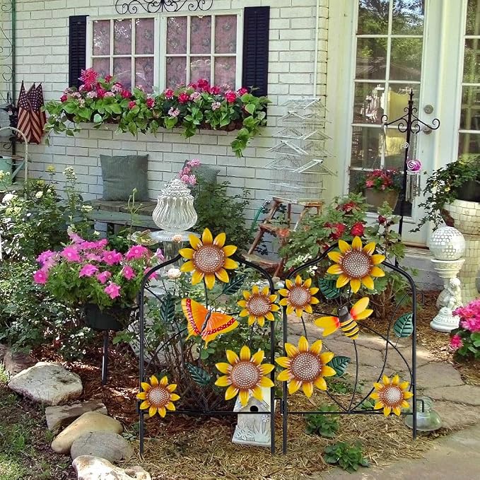hogardeck Garden Decor for Outside, Set of 2 Metal Fence Decorative Garden Stakes with Flowers for Sunflower Decor, Yard Signs for Outdoor Patio Lawn Backyard Porch