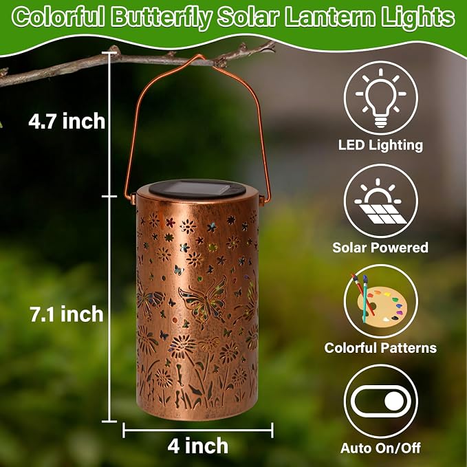 Colorful Butterfly Solar Lanterns Outdoor Waterproof, Garden Decor Gifts for Women Mom Sister Grandma, LED Hanging Solar Lantern Lights Outside for Table Yard Lawn Garden Path Porch Decor