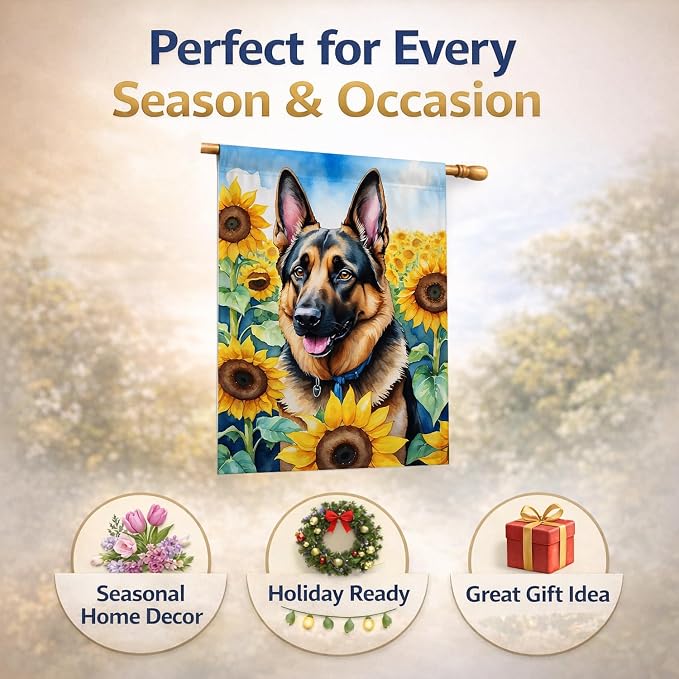 Caroline's Treasures DAC6084CHF German Shepherd in Sunflowers House Flag Large Porch Sleeve Pole Decorative Outside Yard Banner Artwork Wall Hanging, Polyester, House Size, Multicolor