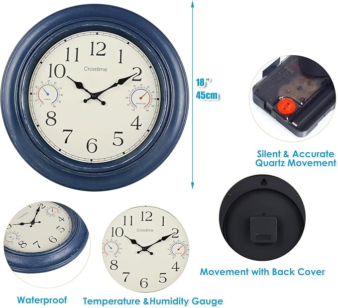 Crosstime 18 Inch Large Outdoor Clock with Thermometer & Hygrometer – Silent Retro Wall Clock Waterproof for Patio, Pool, Garden, Backyard Decor – Blue