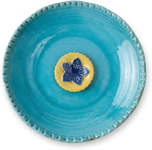 Topadorn 2" Depth Ceramic Birdbath & Birdfeeder for Small Birds Outdoors, 12.2'' Bird Bath Bowl for Vintage Garden Patio Yard Lawn Decor, Blue with Yellow Flower