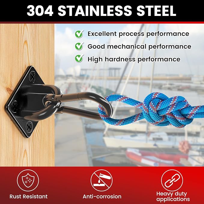 sprookber 304 Stainless Steel Pad Eye Snap Hooks, M6 Heavy Duty Ceiling Hooks, 800 lb Capacity Hammock Swing Hanging kit, Plant Hangers, Marine Hardware Staple Hook Loop with Screws, Set of 8(Black)