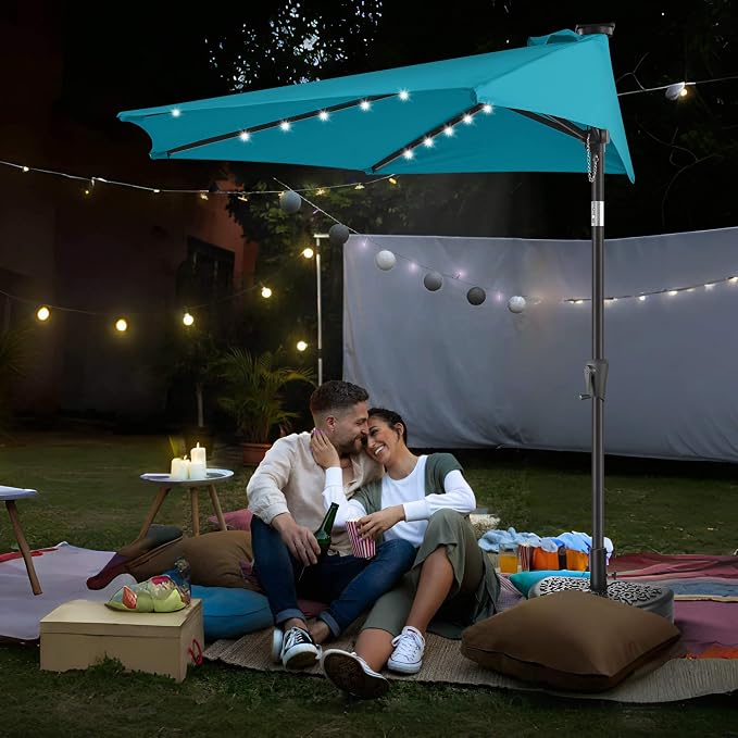 9FT Solar Half Umbrellas Outdoor - LED Half Patio Umbrella with 25 Lights, UV Protection Waterproof, Half Round Umbrella for Wall Balcony, Pool, Porch, Garden, Deck, Backyard, Aqua Blue