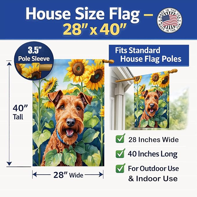 Caroline's Treasures DAC6099CHF Irish Terrier in Sunflowers House Flag Large Porch Sleeve Pole Decorative Outside Yard Banner Artwork Wall Hanging, Polyester, House Size, Multicolor