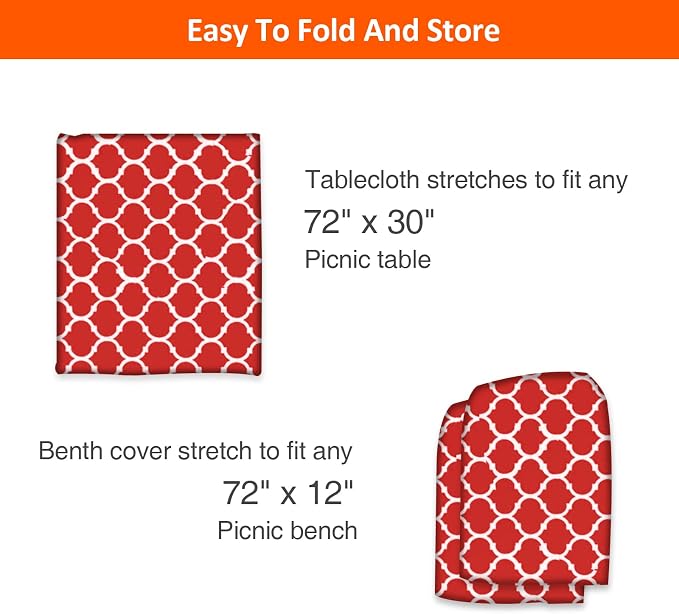 6ft Picnic Table and Bench Cover, Camping Essentials RV Gear, 72 in Waterproof Windproof Outdoor Elastic All Around Tablecloth, Fitted Rectangle Tables and Seats, Red-White Moroccan
