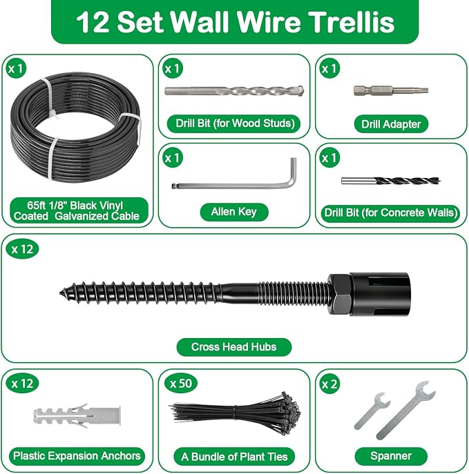 TooTaci Wire Trellis for Climbing Plants Outdoor, 12 Set Black Wall Wire Trellis Kit with 65ft 1/8 Vinyl Coated Cable, Modern Minimalist Support System for Wall, Fence, DIY Plant Training