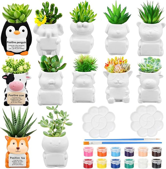 Hushee 12 Sets DIY Ceramic Succulent Pots Ready to Paint Animal Planters Unpainted Plant Flower Pots Bulk with Drainage Hole and Bisque Paint for Adults Craft Christmas Holiday (Animals with Sign)