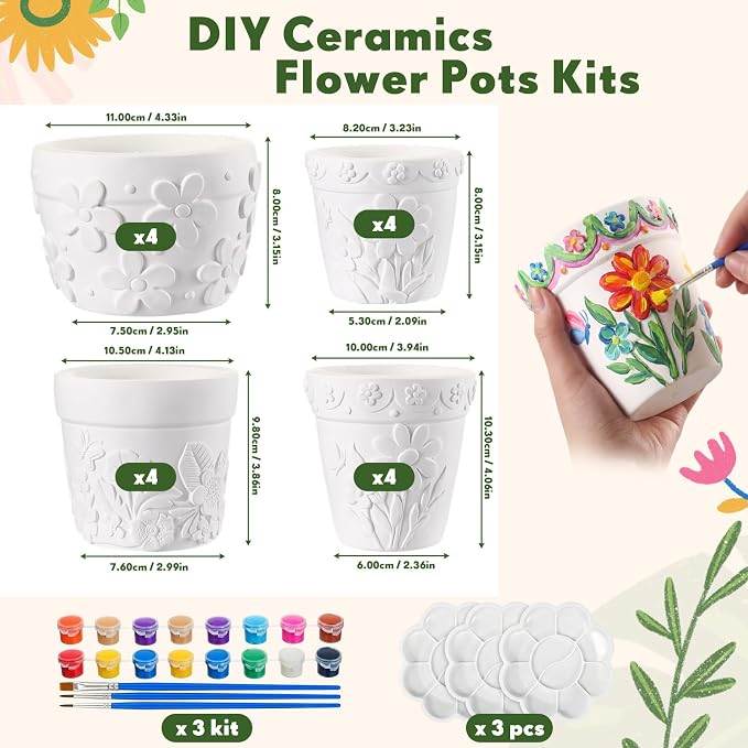 Zubebe 12 Pcs Paint Your Own Ceramic Pots Bulk Unfinished Succulent Pots Craft Kit with Drainage Hole Mini Paintable Plant Vase Ready to Paint Planter for Cactus DIY Craft (Spring Flowers)