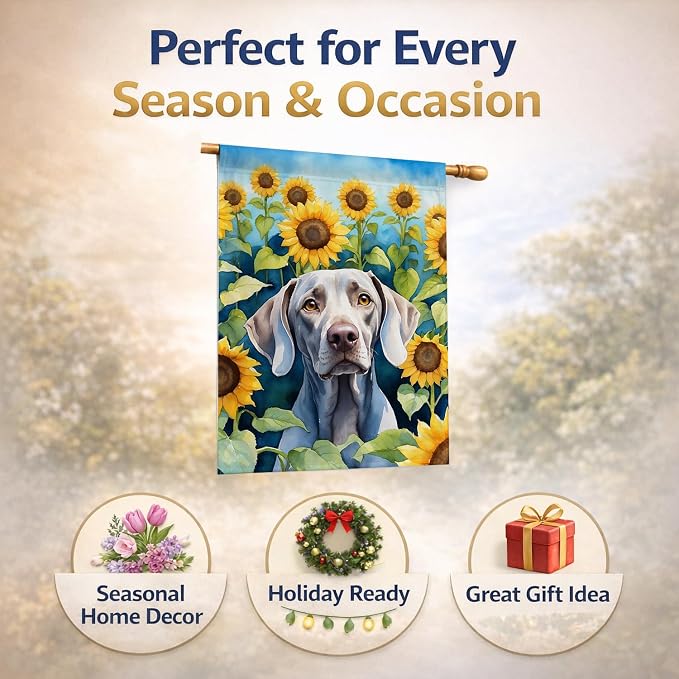Caroline's Treasures DAC6170CHF Weimaraner in Sunflowers House Flag Large Porch Sleeve Pole Decorative Outside Yard Banner Artwork Wall Hanging, Polyester, House Size, Multicolor
