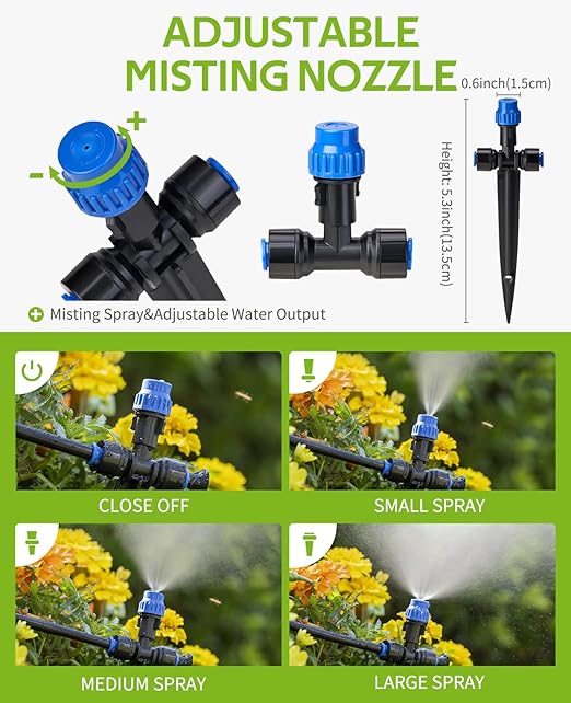 HIRALIY 118FT Drip Irrigation Kit, Quick-Connect Garden Watering System with 30 Adjustable Misting Nozzles and 1/4 in Tubing for Greenhouse Rows, Hanging Plants, Raised Beds & Patio Gardens