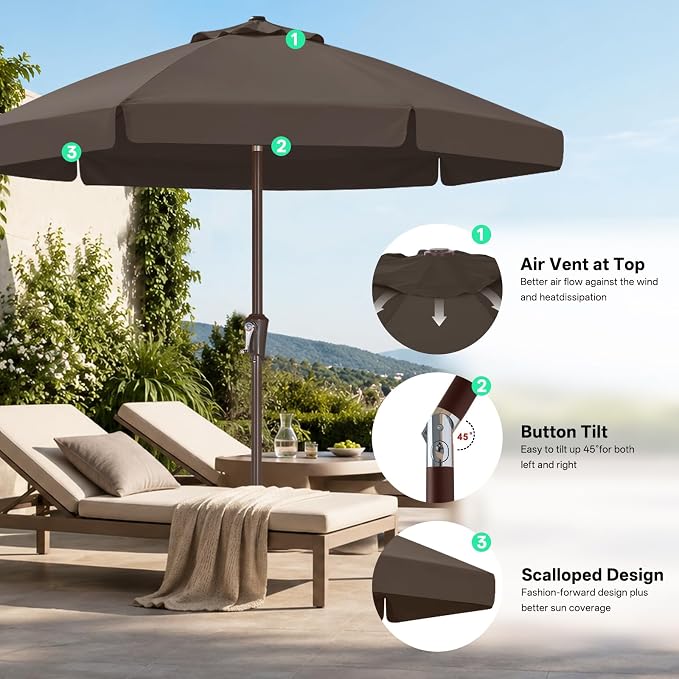 ABCCANOPY 7.5ft Scalloped Patio Umbrella, Outdoor Table Umbrella with Tilt and Crank, Fiberglass Ribs Deck Umbrella for Patio, Pool, Garden, Picnic (Brown)