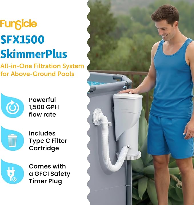Funsicle SkimmerPlus 1,500 GPH 2-in-1 Filter Pump and Skimmer System for Above Ground Swimming Pools - Pool Cleaning and Maintenance | 2-in-1 Filter Pump and Skimmer System for Easy Pool Cleaning & Maintenance, Sidewall-mounted design with Filter Cartr...