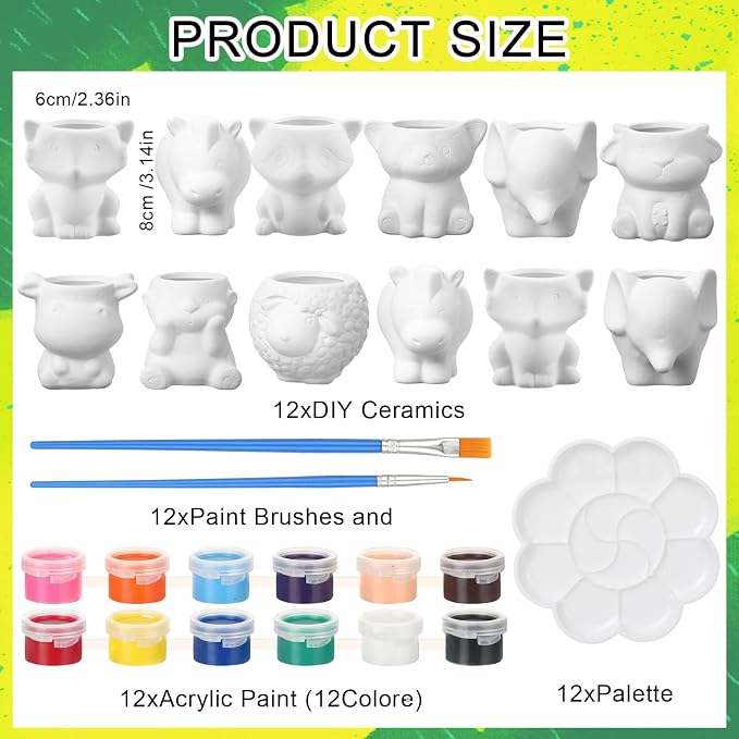 Hushee 12 Sets DIY Ceramic Succulent Pots Ready to Paint Animal Planters Unpainted Plant Flower Pots Bulk with Drainage Hole and Bisque Paint ， Adults Craft Christmas